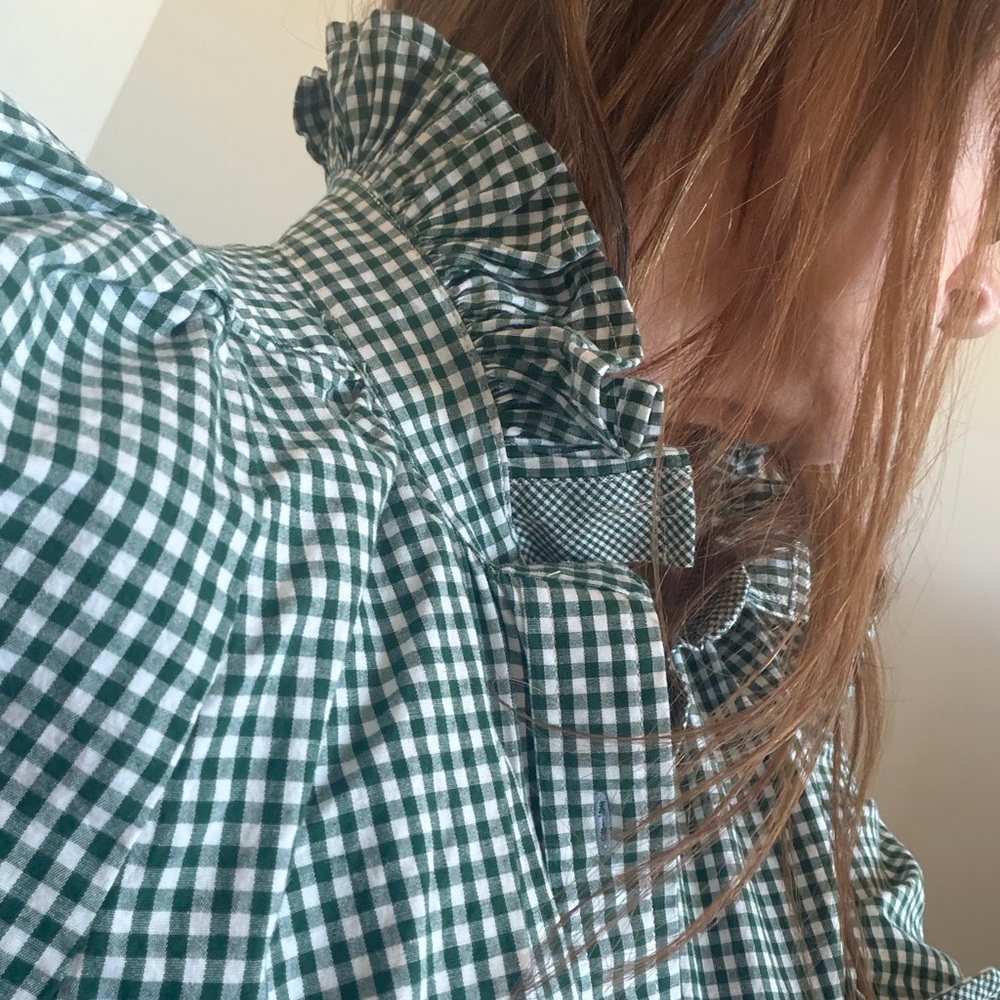 Green Gingham Ruffle Collar Blouse